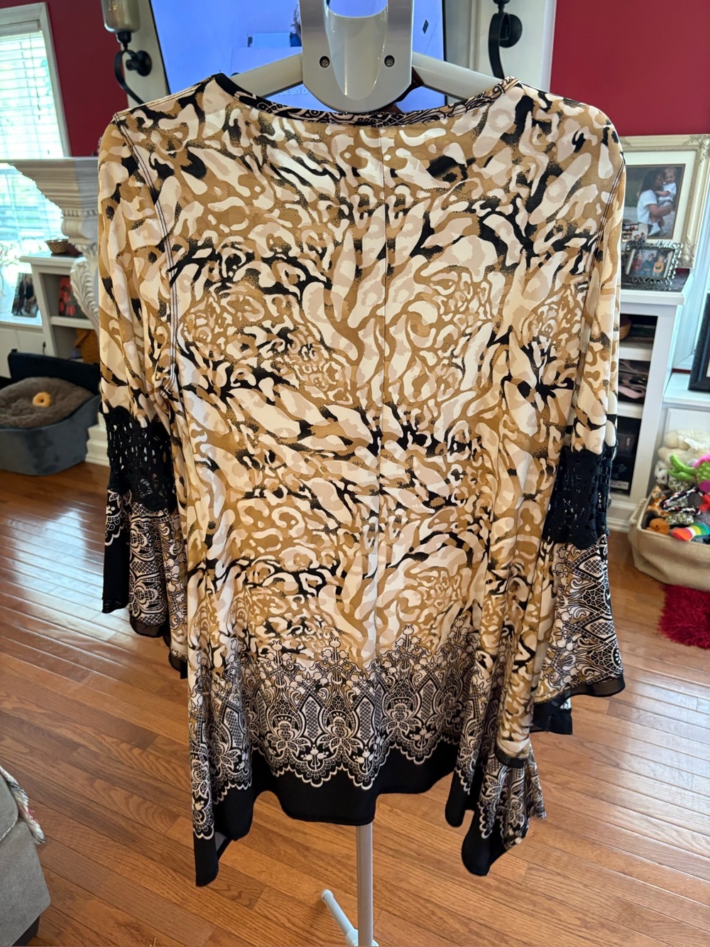 Multiples Beige and Black Patterned Bell-Sleeve Tunic